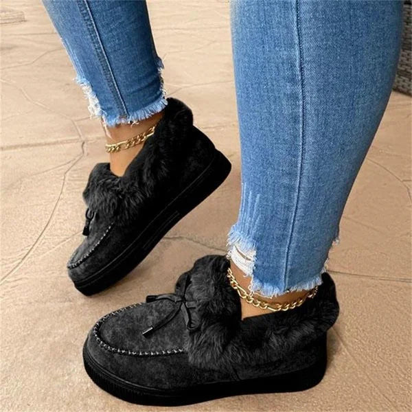 Versatile women's platform loafers, cozy fluffy lining & durable sole for casual or dressy comfort.