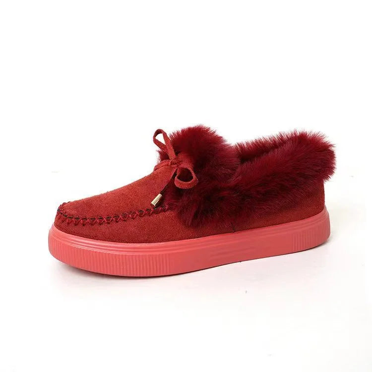 Chic women's platform loafers, black with plush fluffy lining & decorative bow.