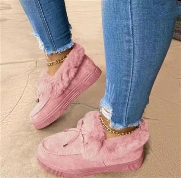 Women's stylish platform loafers featuring a delicate bow & cozy fluffy lining.