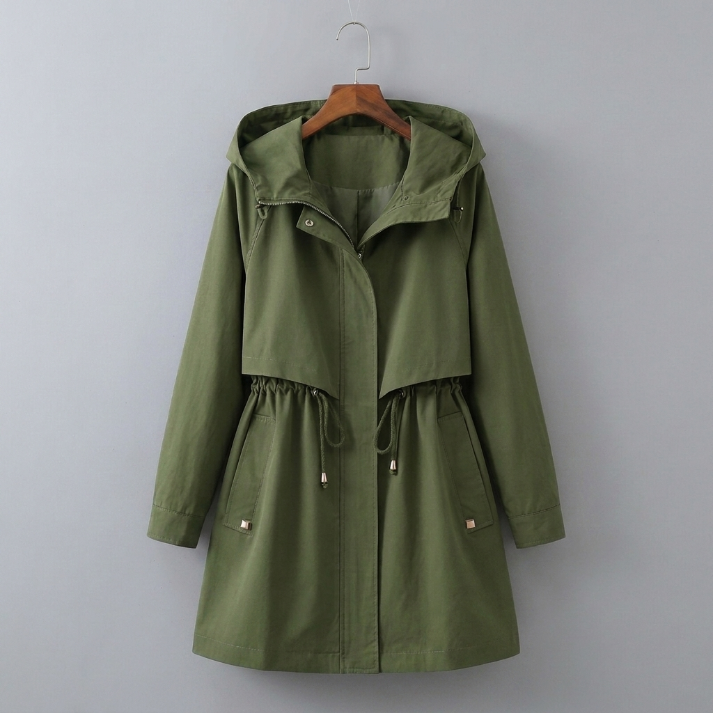 Stylish women's long rain jacket, hooded & waterproof. Features drawstring waist for a flattering fit.