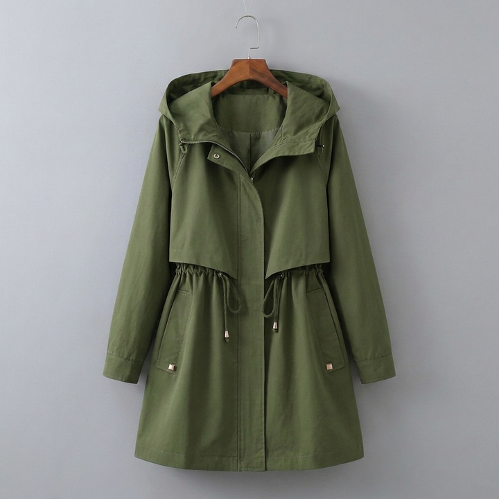 Stylish women's long rain jacket, hooded & waterproof. Features drawstring waist for a flattering fit.