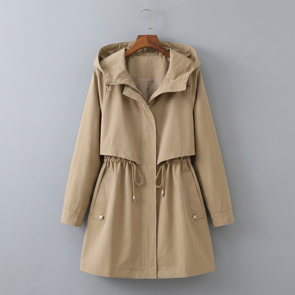 Women's long hooded rain jacket, waterproof & stylish. Perfect everyday outerwear with drawstring waist.