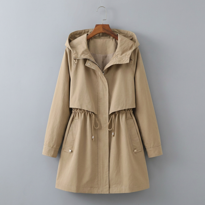 Women's long hooded rain jacket, waterproof & stylish. Perfect everyday outerwear with drawstring waist.