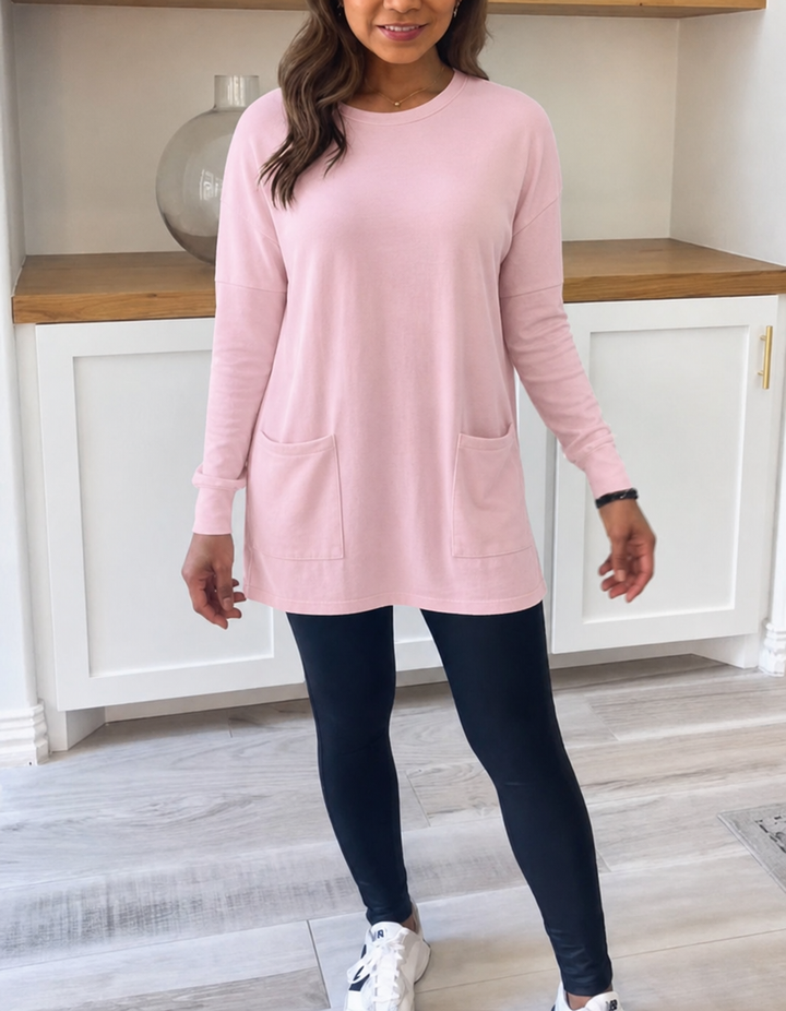 Comfortable women's oversized long sleeve crew neck top, great for fall apparel, winter fashion, & layering.