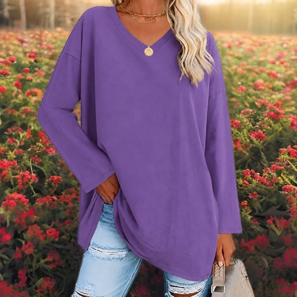Chic women's long sleeve V-neck top, an oversized casual piece for effortless style & comfort.