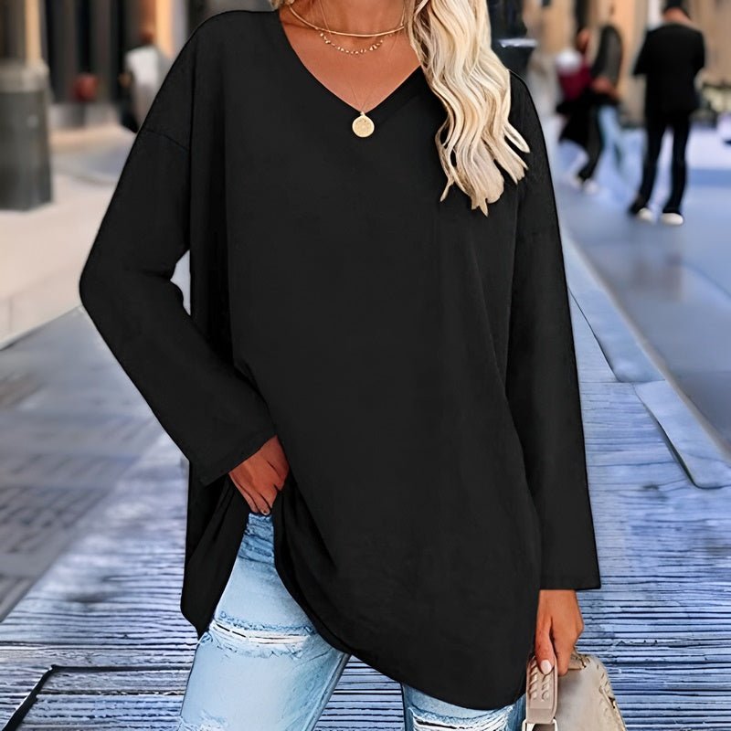 Versatile women's oversized V-neck long sleeve top, perfect for stylish casual spring & fall outfits.