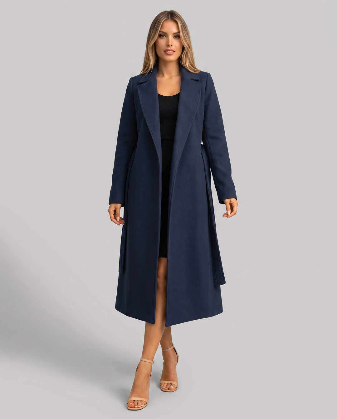 Sophisticated women's wrap coat. Long formal trench with a tie belt, perfect for office or evening wear.