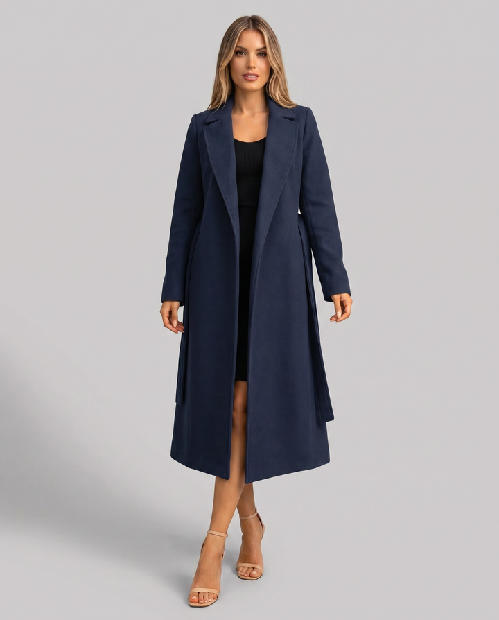Sophisticated women's wrap coat. Long formal trench with a tie belt, perfect for office or evening wear.