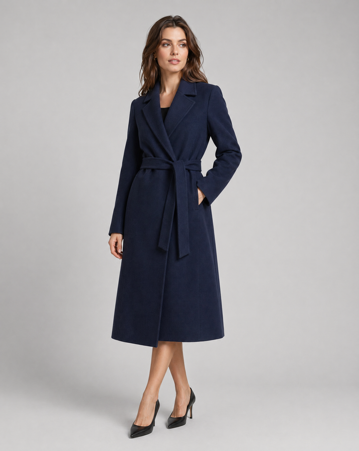 Classic women's long trench coat. Features a tie belt for a flattering silhouette & a chic notched lapel.