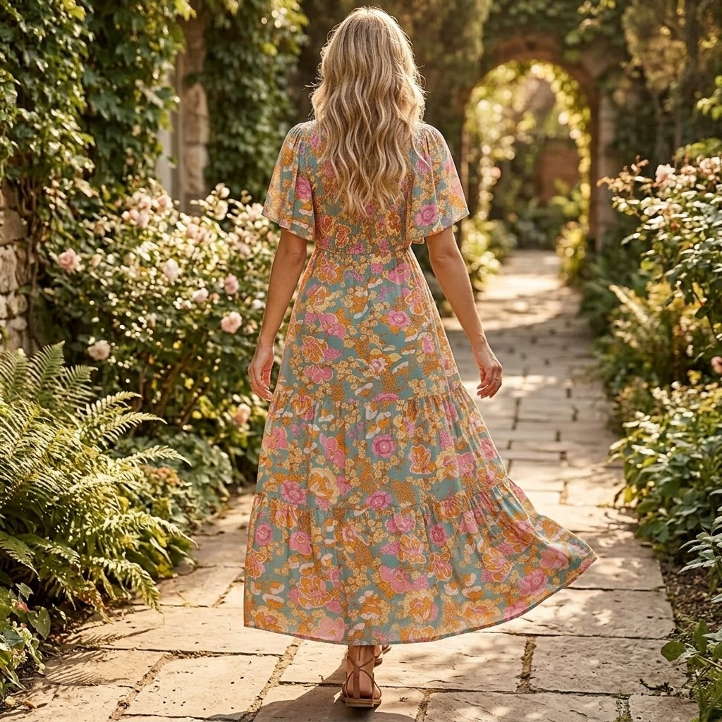 Casual women's smocked maxi dress, flowy and comfortable with flutter sleeves and a flattering tiered skirt.