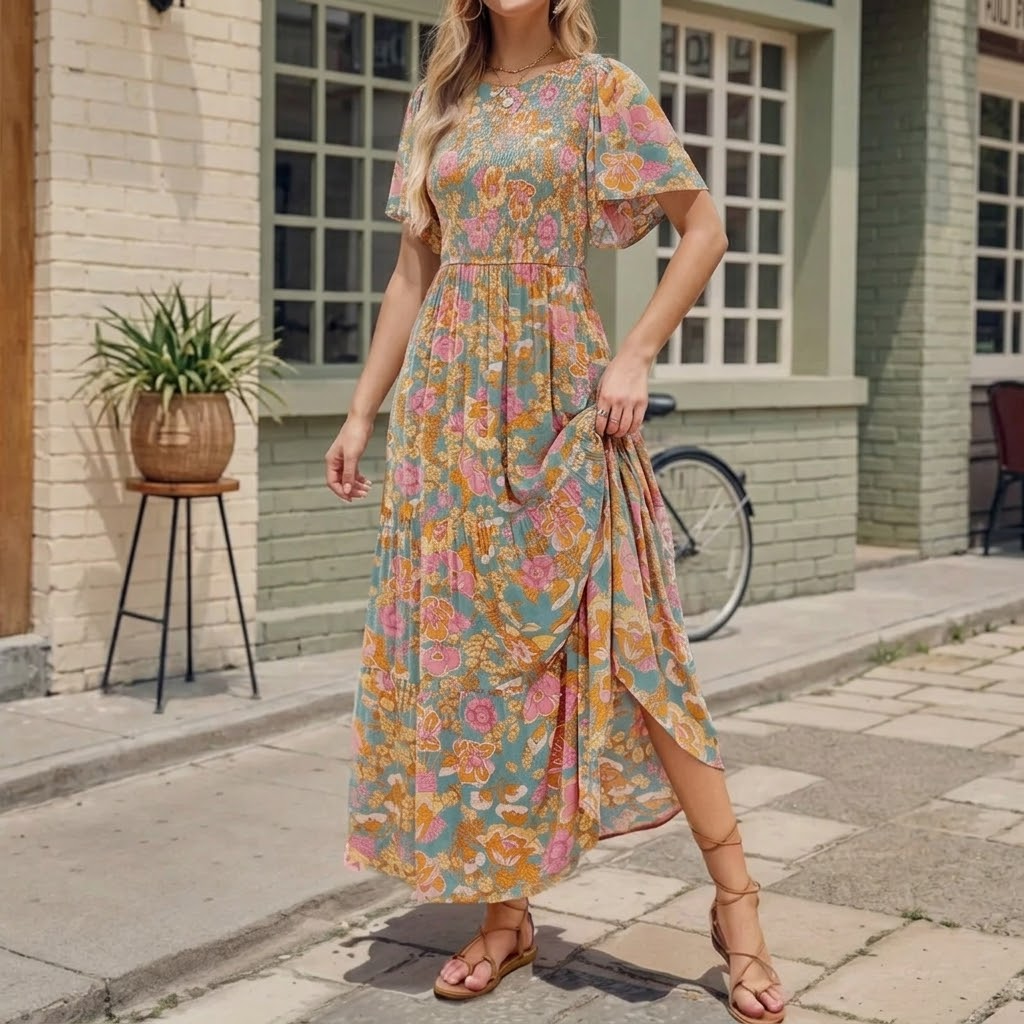 Long women's smocked maxi dress with flutter sleeves, side slit, and elegant tiered skirt, great for holidays.