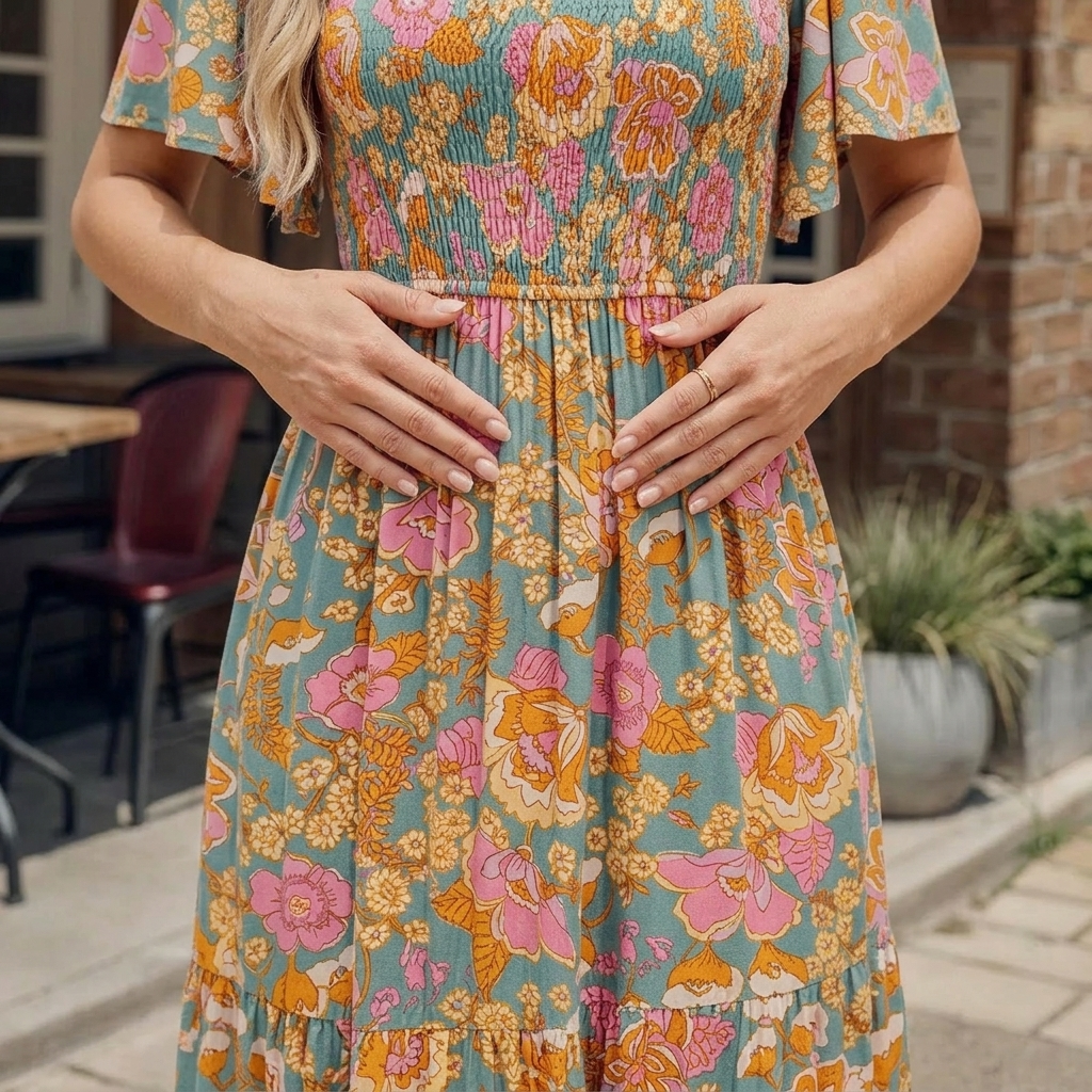 Flowy women's smocked maxi dress with flutter sleeves, side slit, and a tiered skirt, ideal for warm weather.
