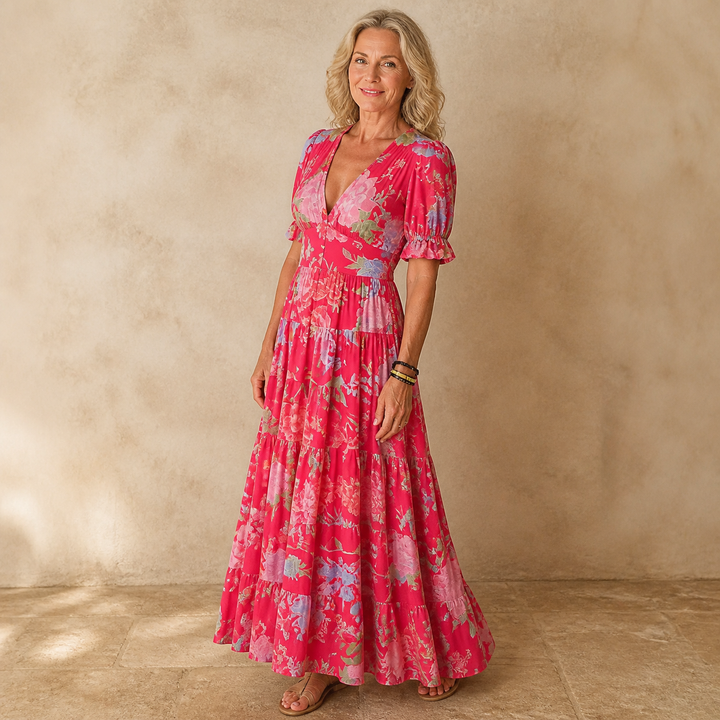 Feminine floral V-neck maxi dress, long tiered skirt, ruffle sleeves, elegant summer fashion.