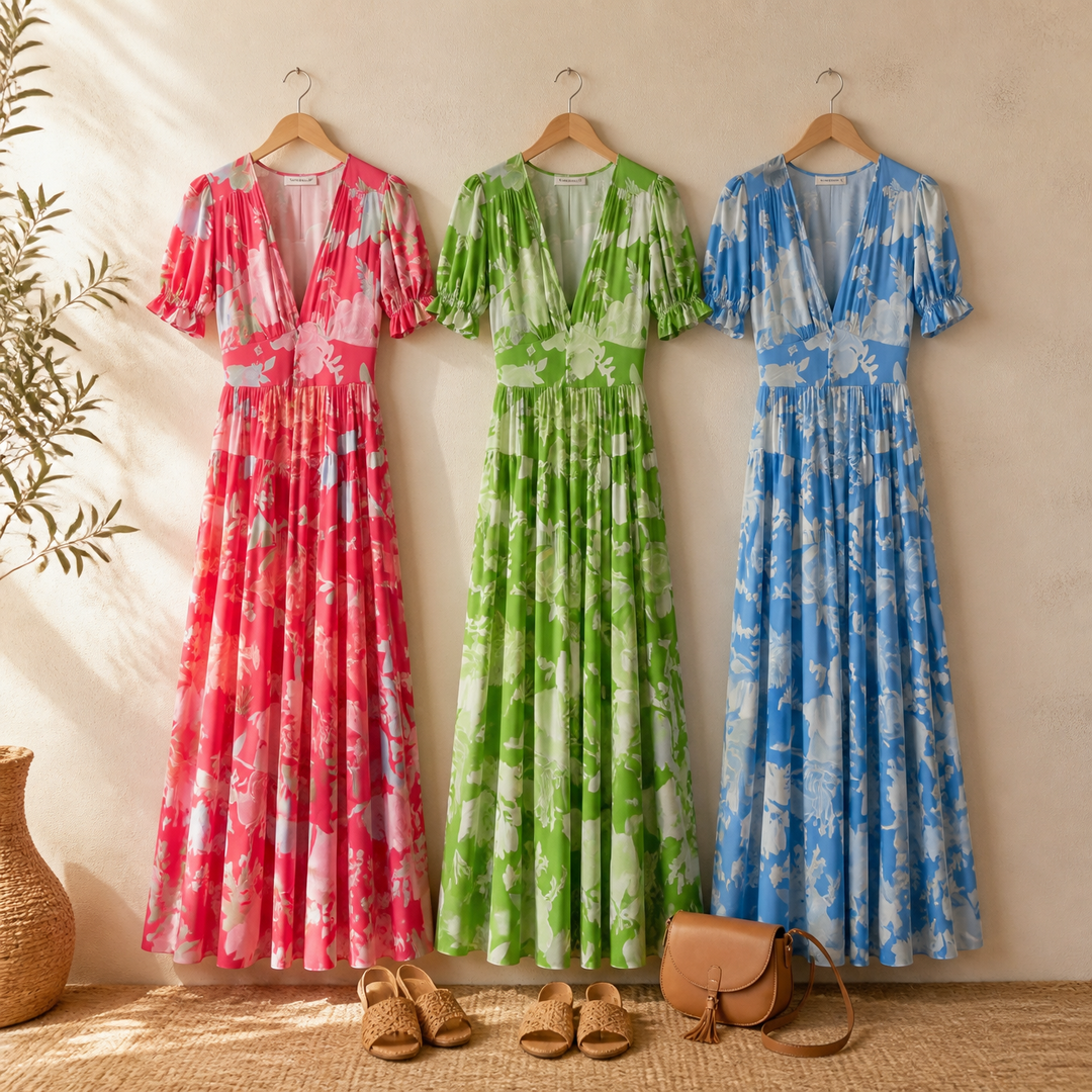 Elegant women's V-neck maxi dress, floral print, flowing tiered skirt for sophisticated summer.