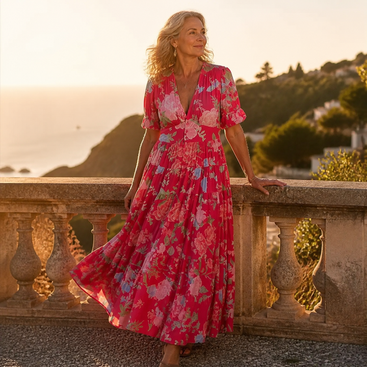 Casual boho floral V-neck maxi dress with tiered skirt & ruffle sleeves, comfortable summer style.