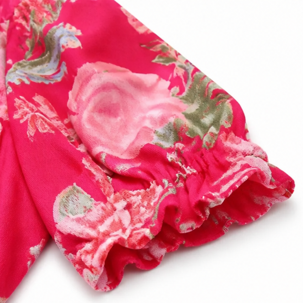 Elegant floral V-neck maxi dress, tiered skirt, ruffle sleeves, for summer parties or casual wear.