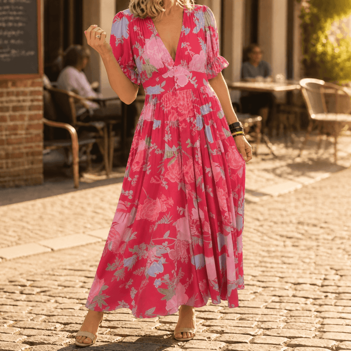 Elegant floral V-neck maxi dress for women, flowing tiered skirt, perfect for spring and summer fashion.