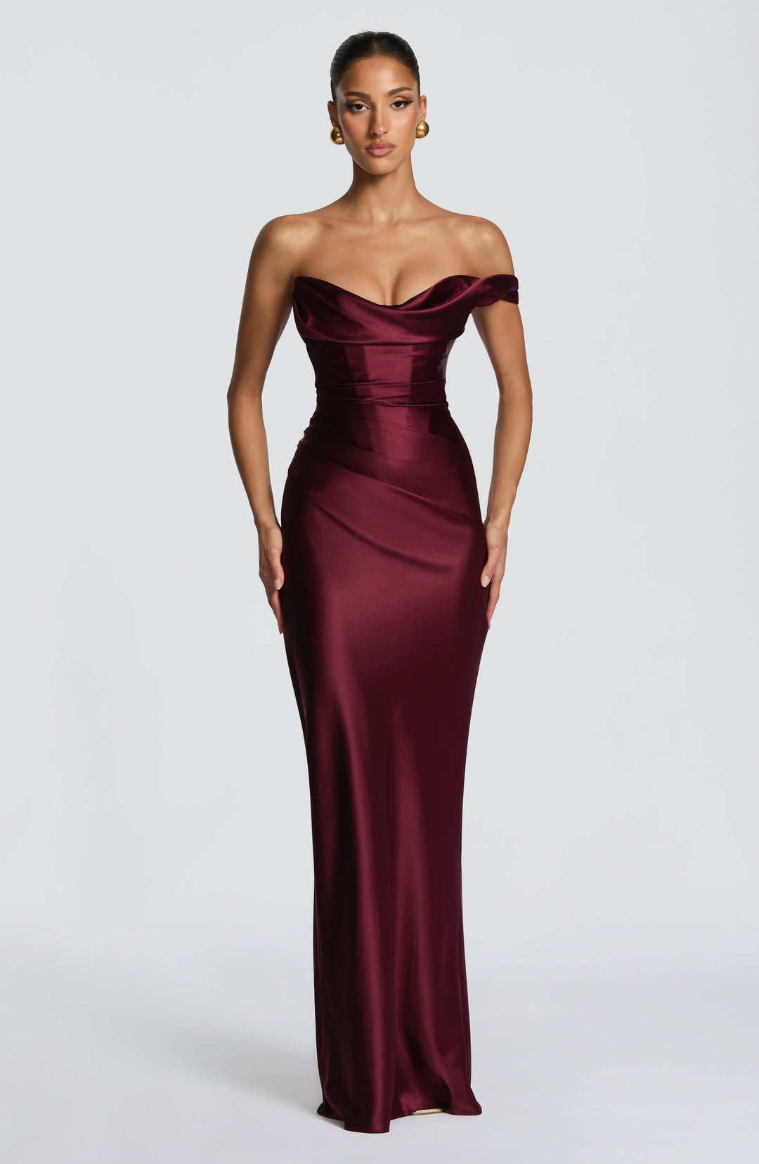 Formal women's one-shoulder burgundy maxi evening gown with a flattering corset silhouette, ideal for galas & parties.