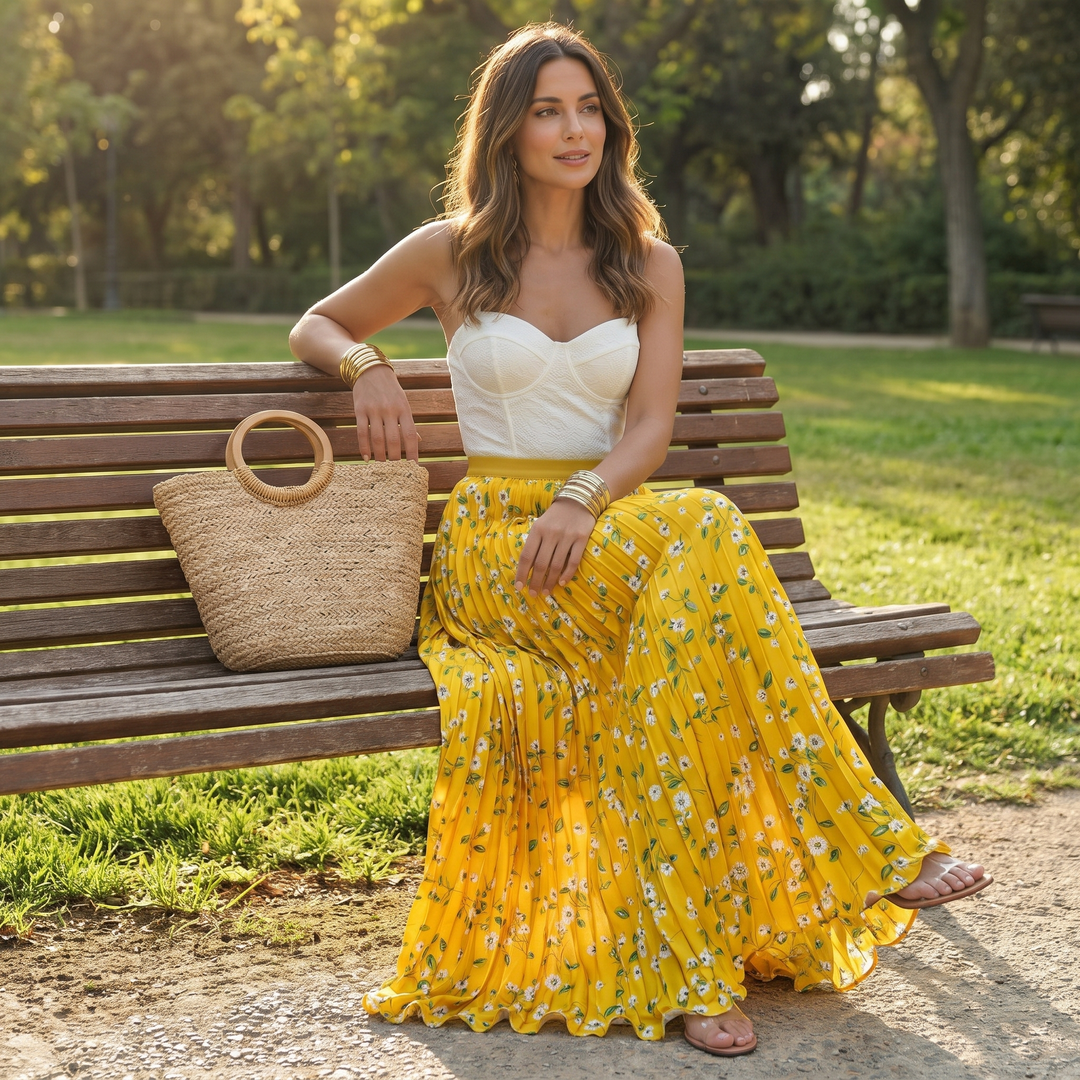 Chic women's long pleated floral maxi skirt with a beautiful flowy design, ideal for vacation.
