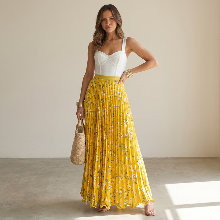 Vibrant floral print women's pleated maxi skirt, long and elegant for summer style.