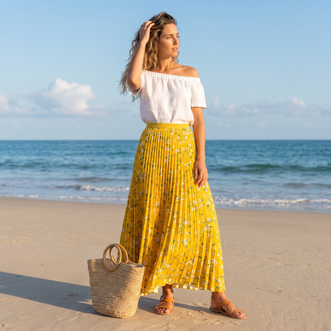 Flowy women's pleated floral maxi skirt with elastic waist, comfortable and stylish for spring.