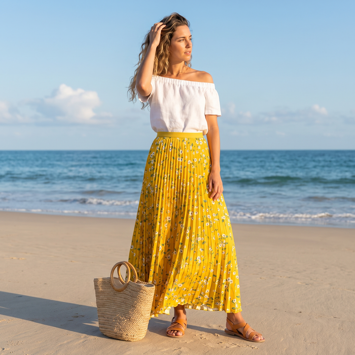 Flowy women's pleated floral maxi skirt with elastic waist, comfortable and stylish for spring.