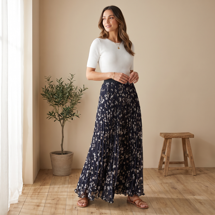 Women's summer fashion floral pleated maxi skirt, long, flowy, and comfortable with elastic waist.