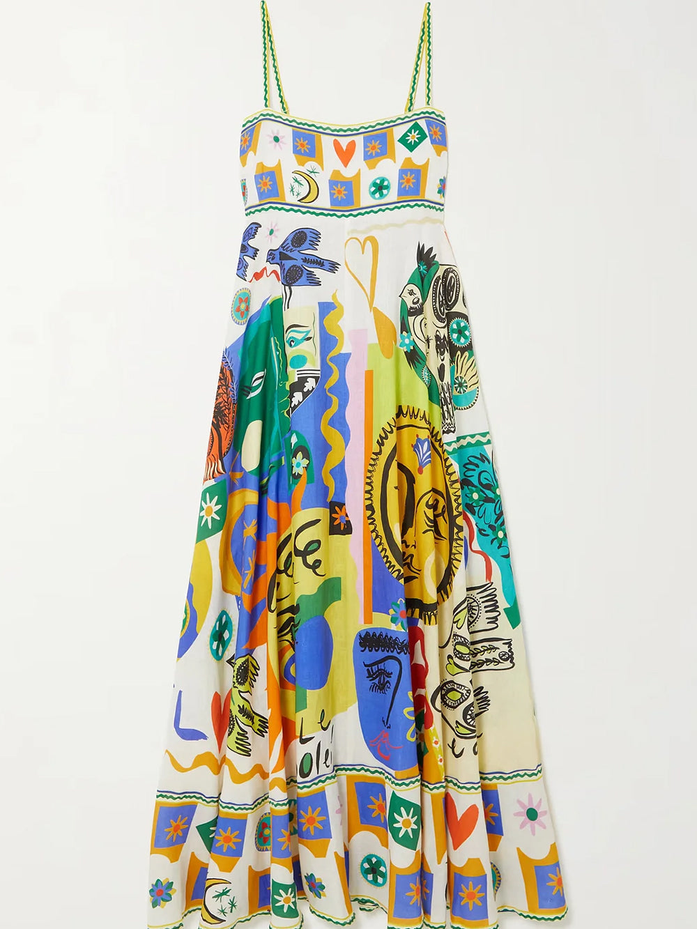 Vibrant abstract print women's maxi sundress. Thin straps, flowing summer dress for stylish vacation wear.