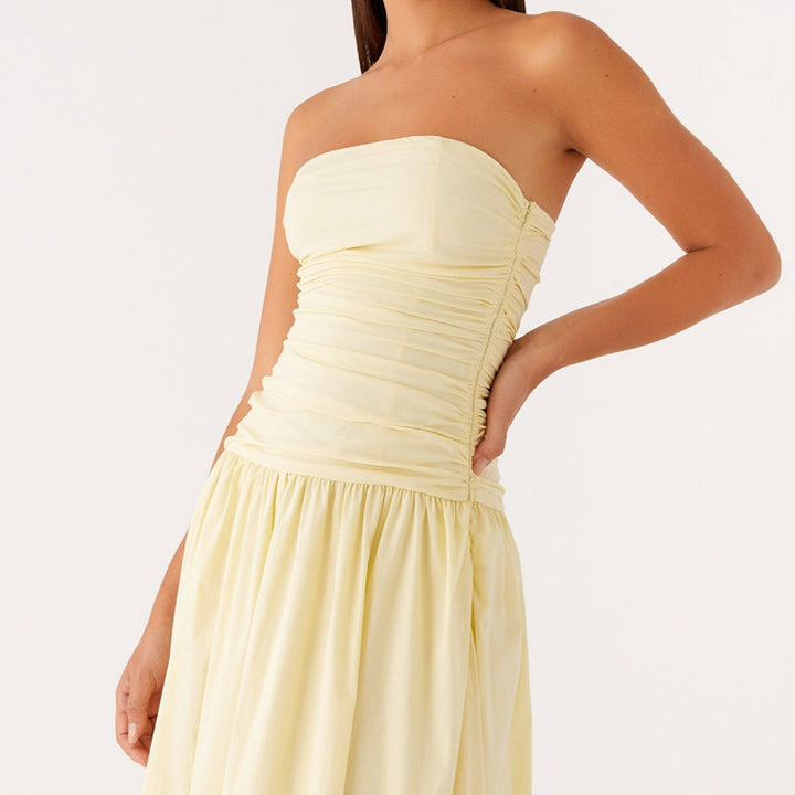 Printed strapless maxi dress, a chic women's sundress offering effortless style and summer comfort.