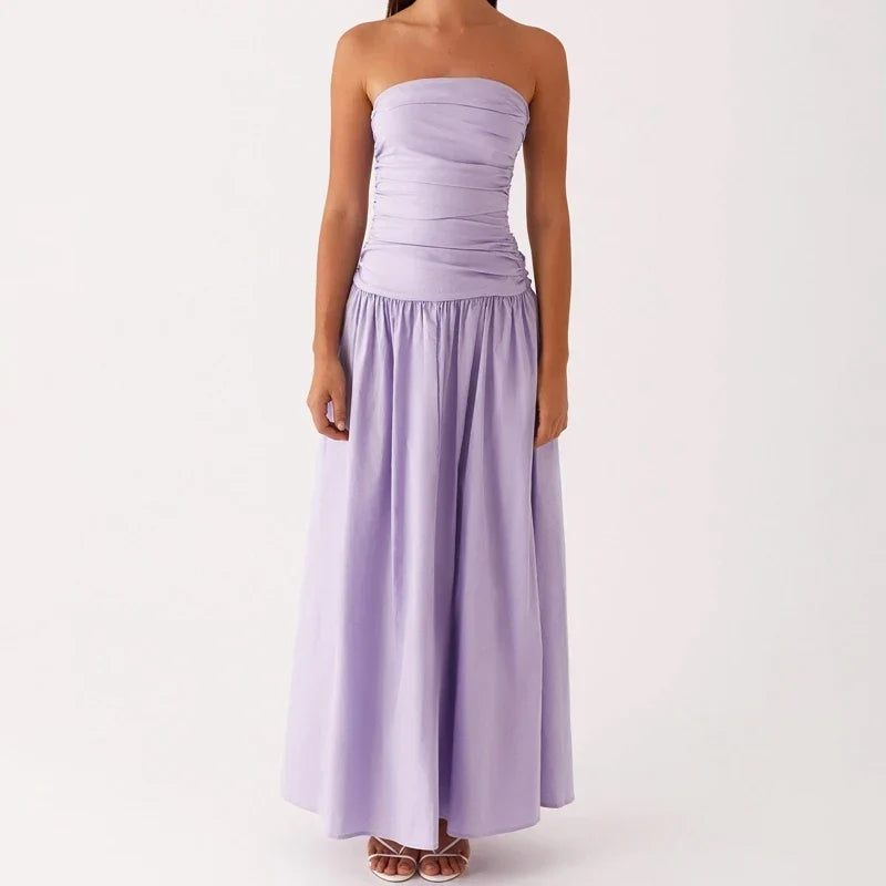 Lightweight strapless maxi sundress for women, a stylish long dress perfect for casual or elegant occasions.