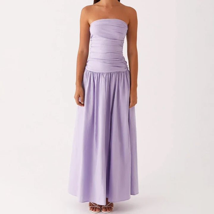 Lightweight strapless maxi sundress for women, a stylish long dress perfect for casual or elegant occasions.