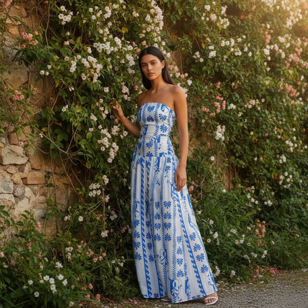 Printed strapless maxi sundress for women, perfect casual summer dress or vacation beachwear.