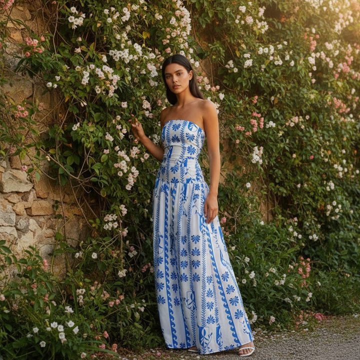 Printed strapless maxi sundress for women, perfect casual summer dress or vacation beachwear.