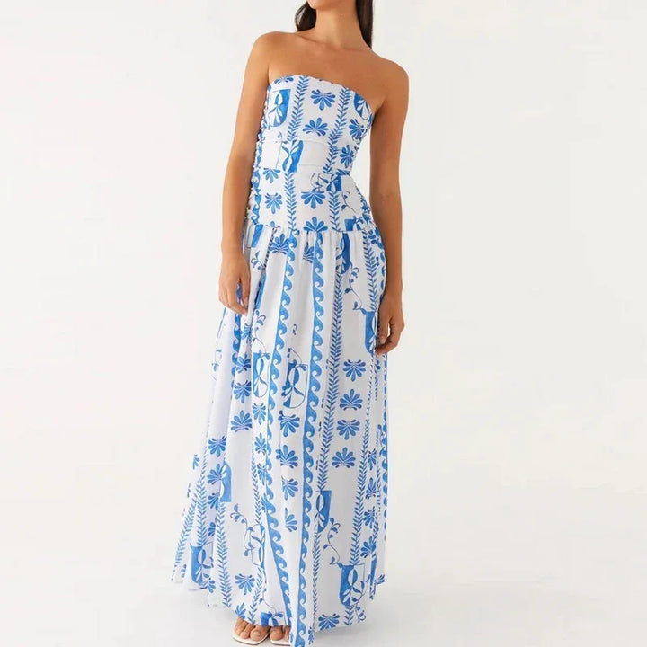 Stylish women's long strapless dress, a comfortable maxi sundress for summer fashion and travel.