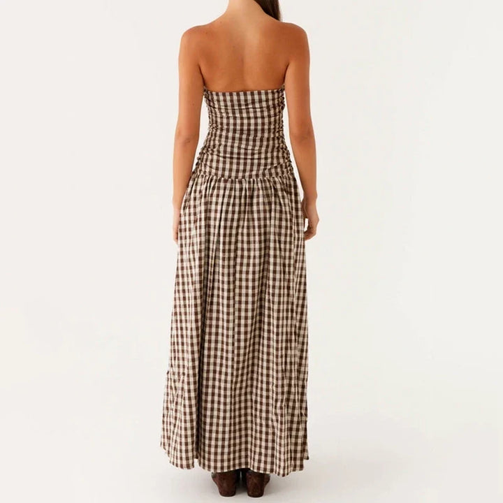 Comfortable strapless maxi sundress for women, a beautiful long dress with summer print. Vacation ready.