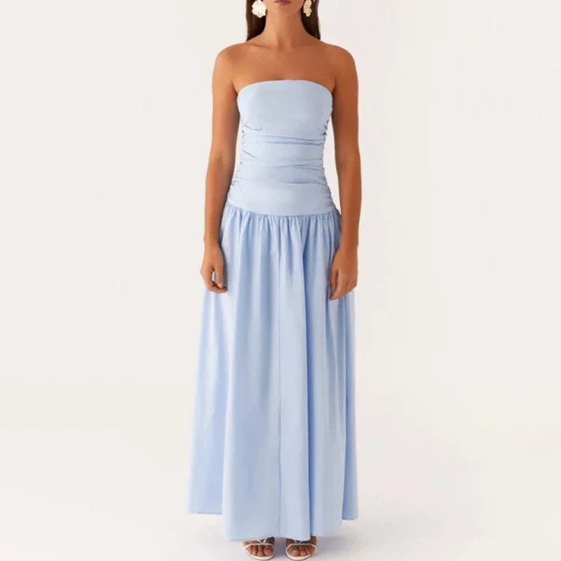 Women's casual strapless maxi sundress, perfect long summer dress with an elegant, breezy design.
