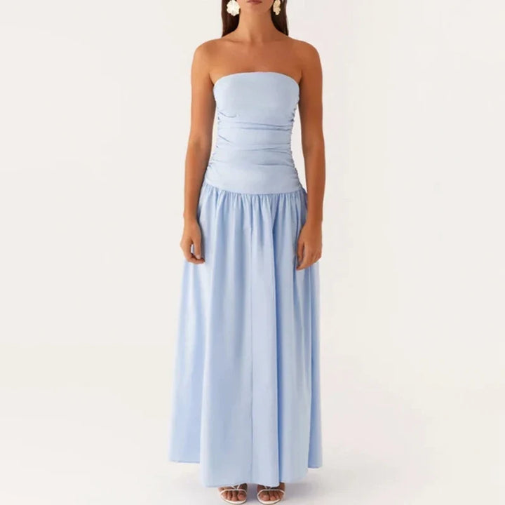 Women's casual strapless maxi sundress, perfect long summer dress with an elegant, breezy design.