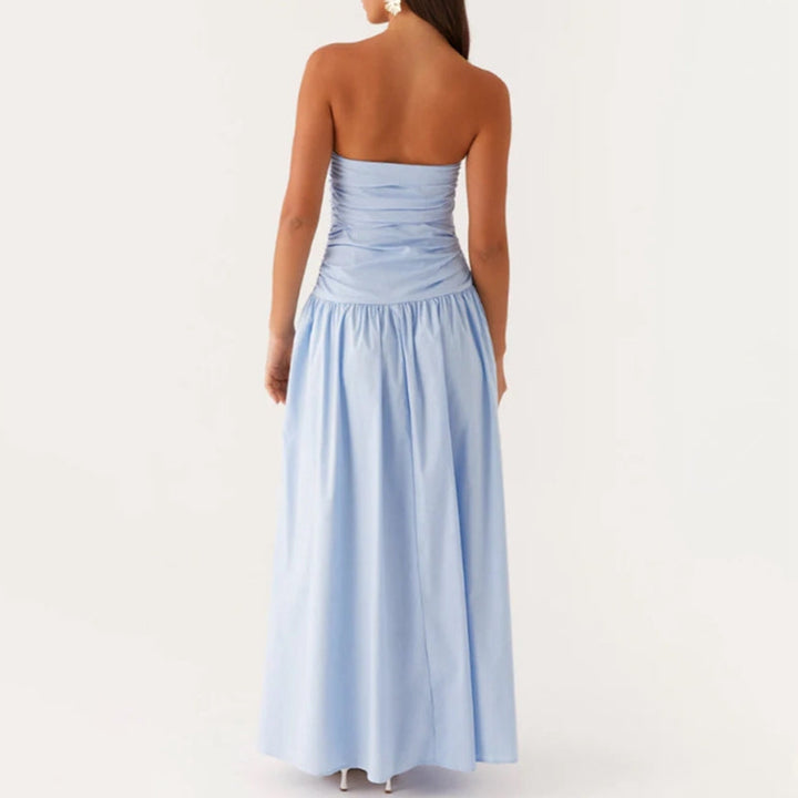 Fashionable women's strapless long dress, a printed maxi sundress suitable for beach days & summer evenings.