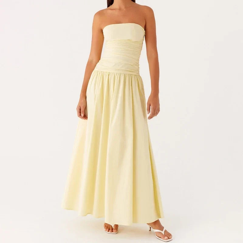 Graceful strapless maxi sundress, a comfortable women's long dress for vacation and warm weather fashion.