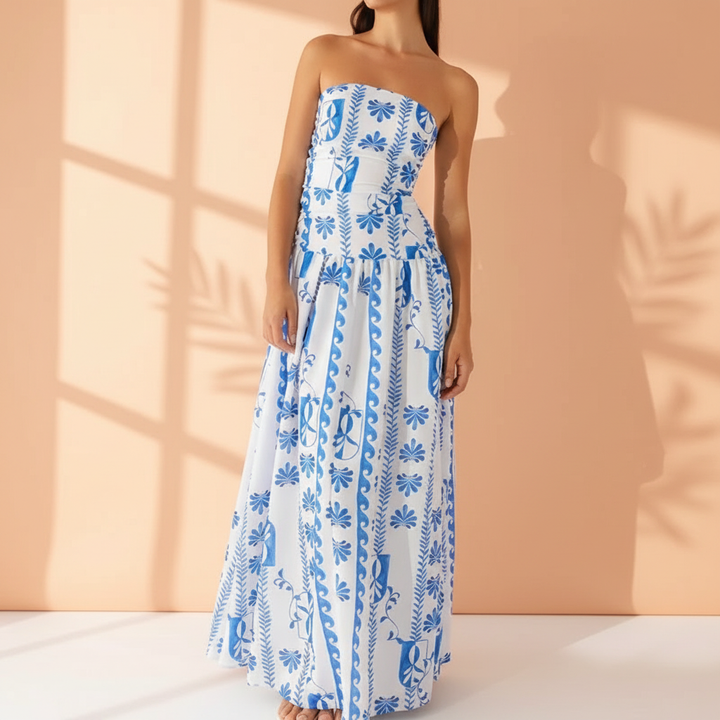 Women's strapless maxi sundress, elegant & comfortable for summer beachwear. Effortless style long dress.