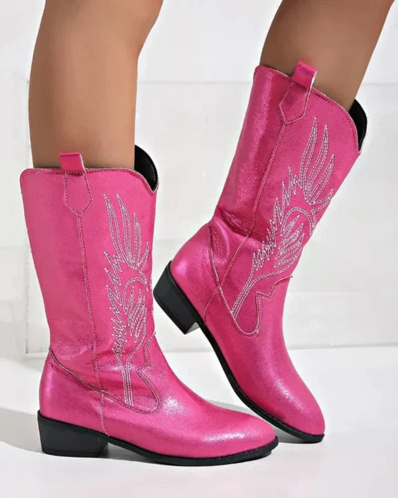 Black women's mid-calf cowgirl boots. Classic pointed toe western style boots with block heel & embroidery.