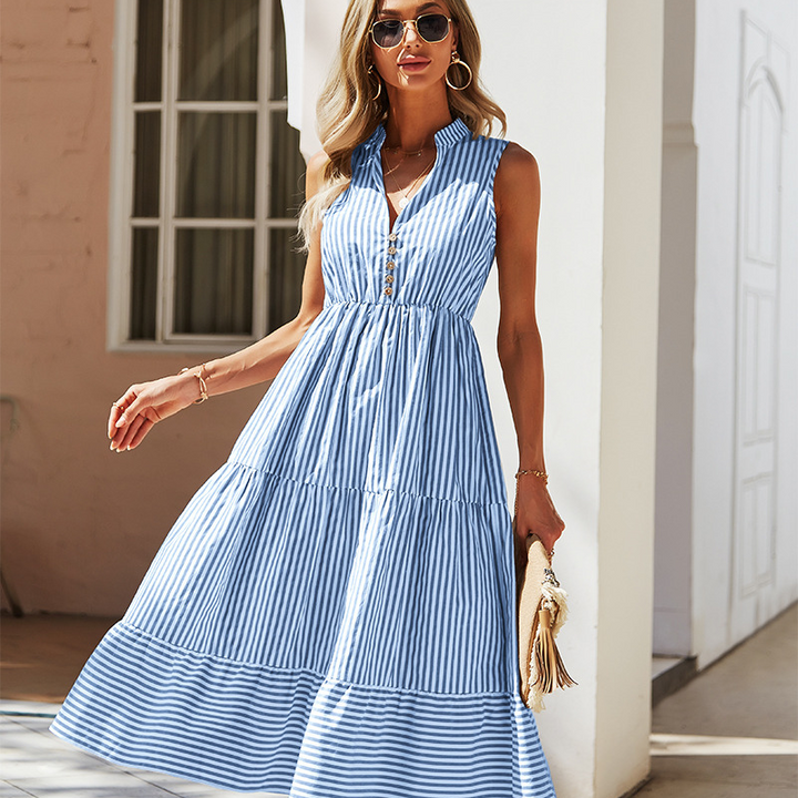 Elegant sleeveless striped midi dress for women, perfect for comfortable everyday spring and summer wear.
