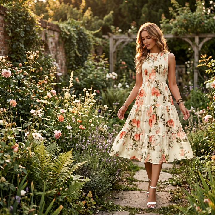 Versatile women's floral smocked midi dress with tiered design & ruffle neckline, elegant casual wear.
