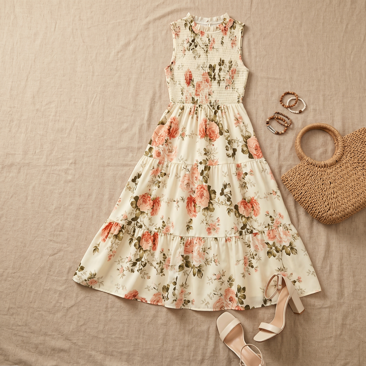 Close-up of the ruffle neckline on a women's floral smocked tiered midi dress.