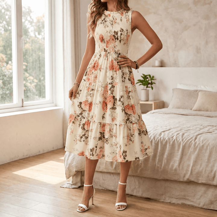 Women's floral smocked tiered midi dress with ruffle neckline, perfect for spring casual or party.