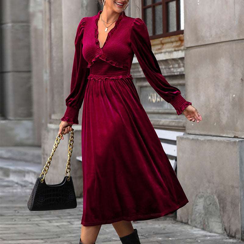 Formal wine red V-neck long sleeve midi dress for women, featuring pleated details and an elegant design.