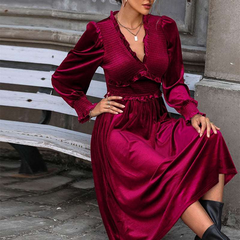 Chic women's wine red V-neck long sleeve midi dress, perfect for special occasions & evening events.