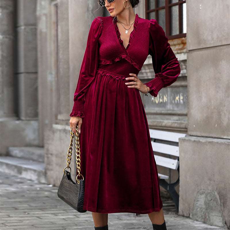 Elegant women's wine red V-neck long sleeve midi dress for formal occasions & parties.
