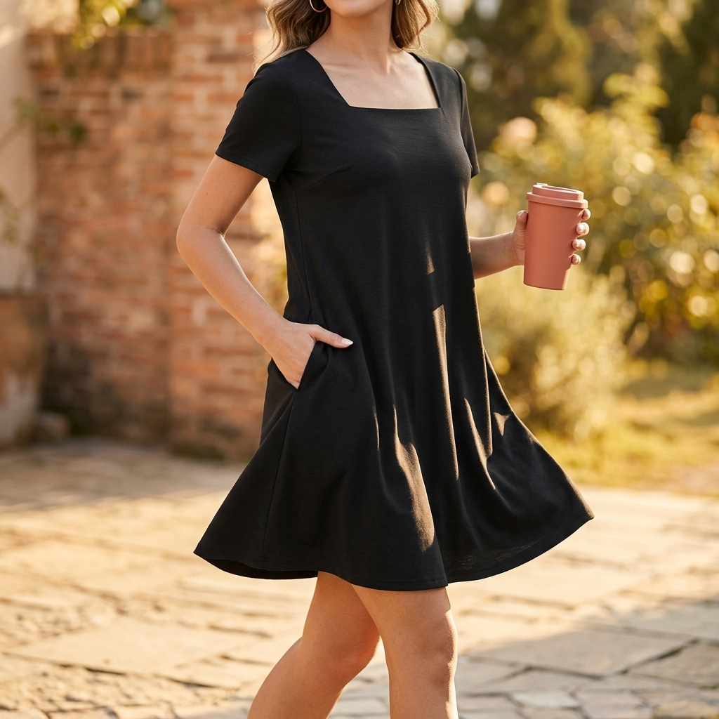 Short sleeve square neck mini dress for women, featuring convenient pockets and casual elegance.