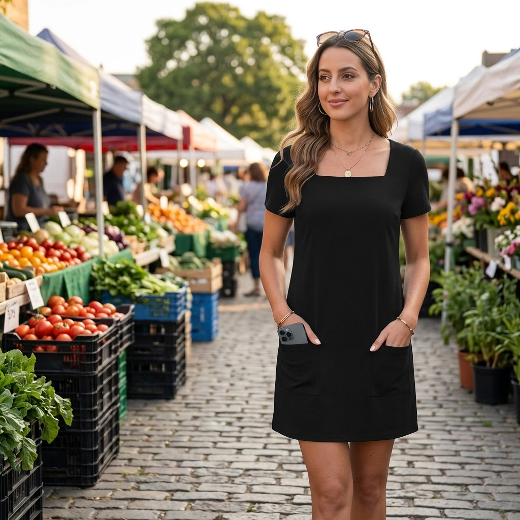 Elegant women's mini dress with square neck design, short sleeves, and functional pockets.